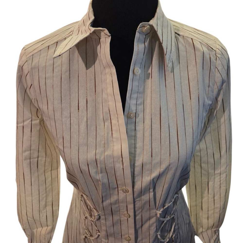 Trina Turk Long Sleeve Striped Shirtdress White Brown XS - Picture 4 of 8